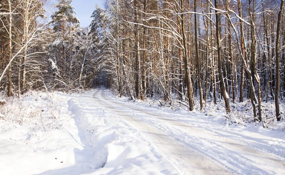   the highway in a winter season. the road is covered with snow