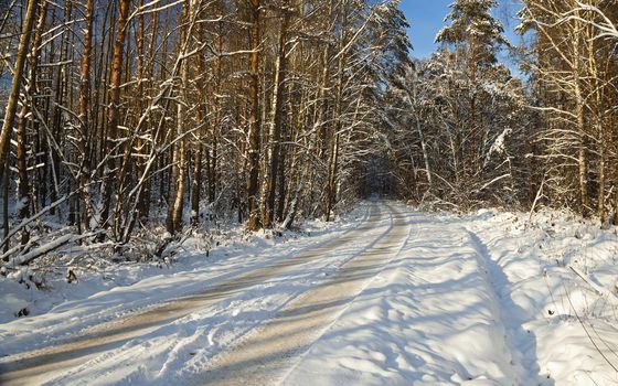   the road covered with snow to a winter season
