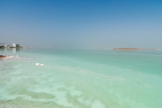 Panoramic view over the Dead sea in misty haze, Israel