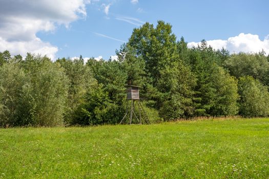 Deerstand in the forest, meadow in front, blue sky