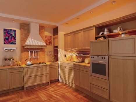 Photorealistic 3D render of a kitchen and dining area
