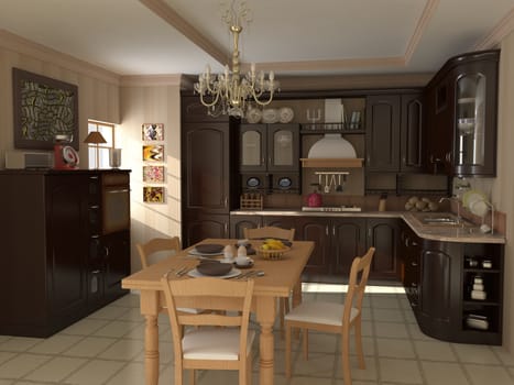 Photorealistic 3D render of a kitchen and dining area