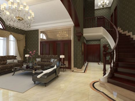 Photorealistic 3D render of a living room
