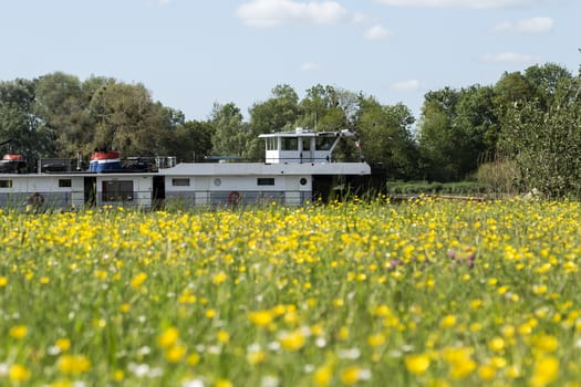A ship in the river of Seine, France in the background of a meadow filled with flowers