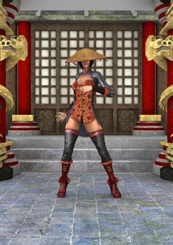 3D digital render of a beautiful Asian battle woman on a traditional temple background