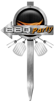 Metal directional sign with pole, arrow with text Bbq Party, metallic grill, flames, forks and spatulas. Isolated on white background