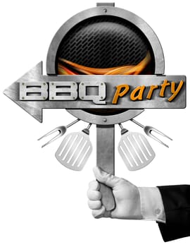 Hand of chef holding a metal directional sign with text Bbq Party, metallic grill, flames, forks and spatulas. Isolated on white background