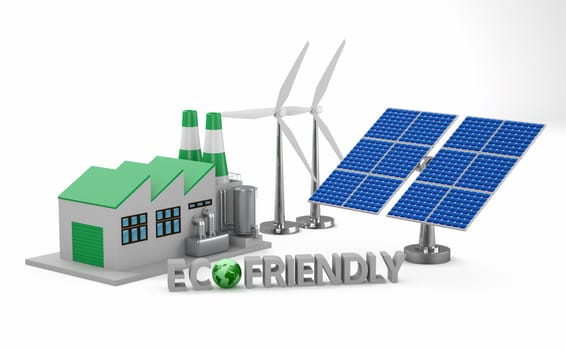 Ecofriendly concept. 
Green factory, wind turbine and solar panel isolated on white background.