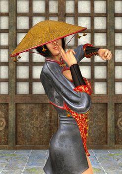 3D digital render of a beautiful Asian battle woman on a traditional temple background