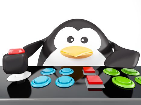 Fat penguin playing with arcade machine