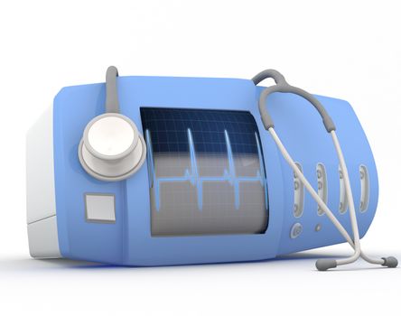 Electrocardiogram device with stethoscope  - 3D render