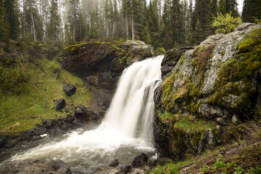 Beautiful Moose Falls in evening light at Yellowstone National Park - Wyoming.