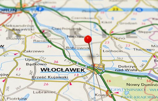 Closeup map of Włocławek. Włocławek a city in Poland.