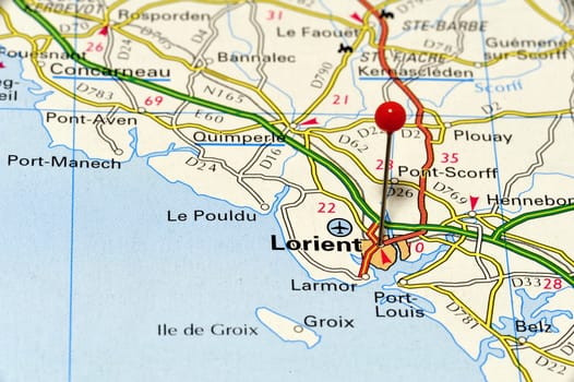 Closeup of Lorient. Lorient is a city in the department of Finistère in Brittany in northwestern France.