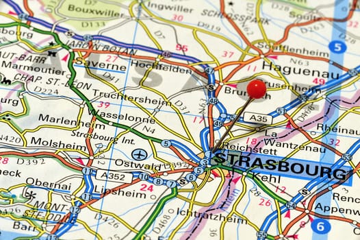Closeup map of Strasbourg. Strasbourg pronunciation is a city in the Bas-Rhin and the capital of the Alsace region in France.