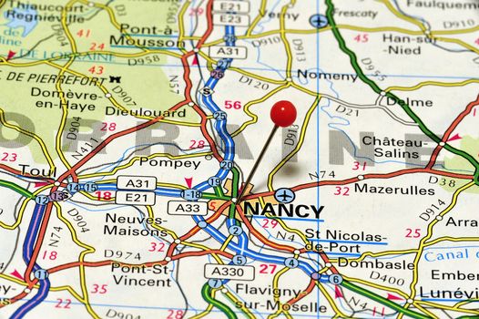 Closeup map of Nancy. Nancy is a city in northeastern France, Préfecture (regional capital) in the department of Meurthe-et-Moselle in Lorraine.