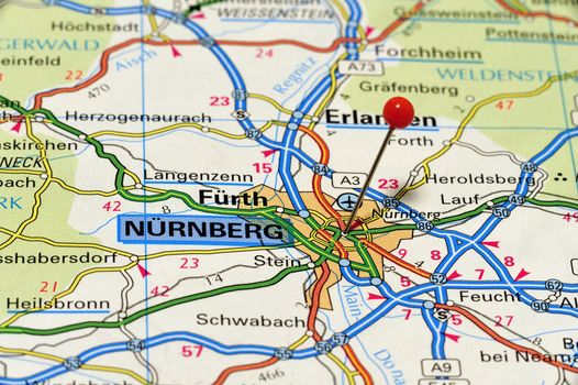 Closeup map of Nürnberg a city in Germany.