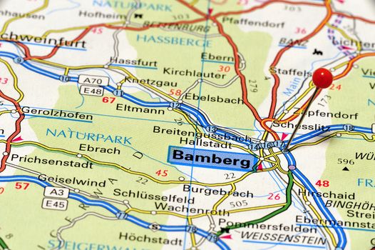 Closeup map of Bamberg a city in Germany.