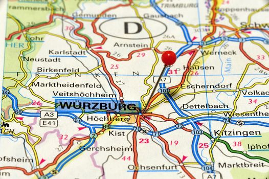 Closeup map of Würzburg a city in Germany.