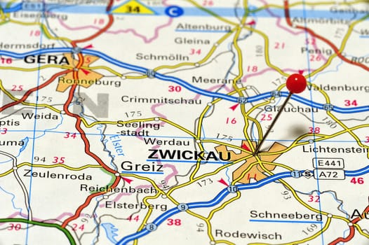 Closeup map of Zwickau. Zwickau is the fourth largest city in Saxony in Germany and the capital of the district with the same name.