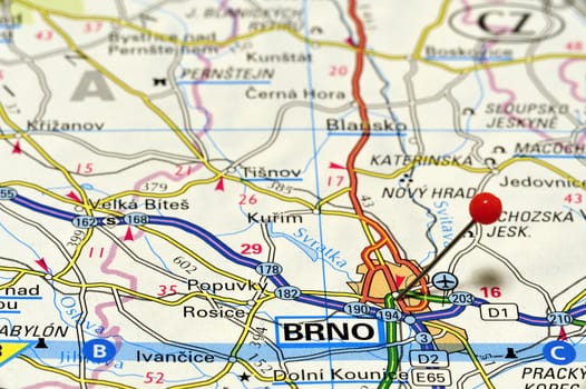 Closeup map of Brno. Brno is a city in Moravia in the southeastern Czech Republic.