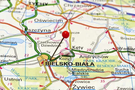 Closeup map of Bielsko-Biala. Bielsko-Biala is a city in southern Poland on the river Biala.