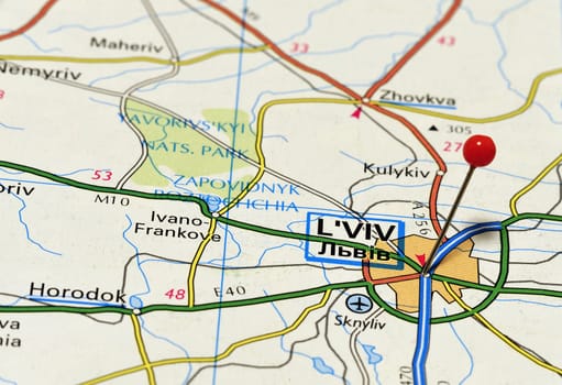 Closeup map of L'viv. L'viv city in Ukraine.