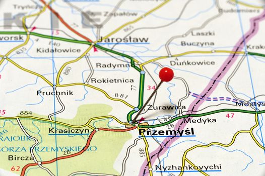 Closeup map of Przemyśl. Przemyśl city in Poland.