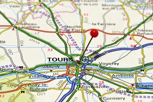 Closeup map of Tours. Tours is a city in Franche.