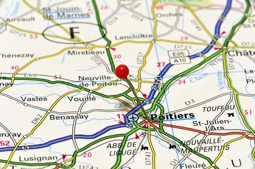 Closeup map of Poitiers. Poitiers is a city in central France on the River Clain.