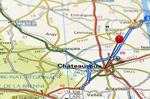 Clouseup map of Châteauroux. Chateauroux is a French municipality and the prefecture of the Indre, Centre region.