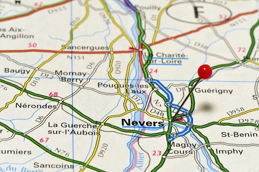 Closeup map of Nevers. Nevers is a French city in the department of Nièvre, Burgundy.