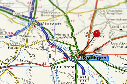 Closeup map of Bourges. Bourges is a French city.