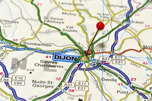 Closeup map of Dijon. Dijon is a French city.
