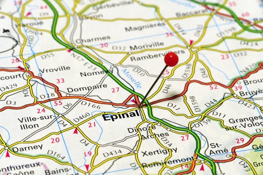 Closeup map of Epinal, Epinal is a city in northeastern France.