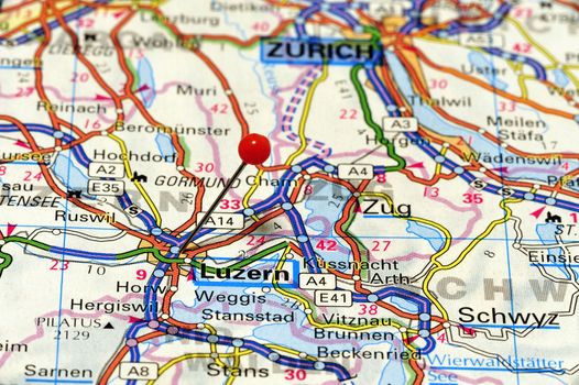 Closeup map of Luzern. Lucerne is the capital of the canton of Lucerne in central Switzerland.