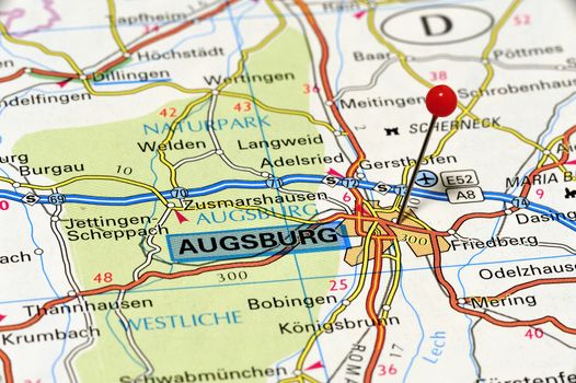 Closeup map of Augsburg. Augsburg is a city in the Government of Swabia region of Bavaria in southern Germany. From the bok "KAK Bilatlas Europa" with ISBN 9147808780.