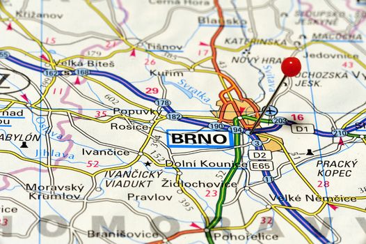 Closeup map of Brno. Brno is a city in Moravia in the southeastern Czech Republic.