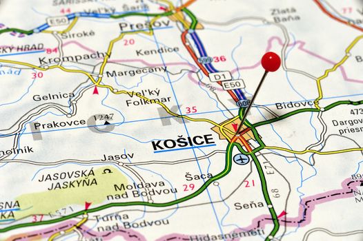 Closeup map of Kosice. Kosice is a city in Slovakia.