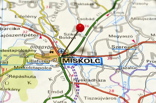 Closeup map of Miskolc. Miskolc is a town in the province of Borsod-Abaúj-Zemplén in northeastern Hungary.