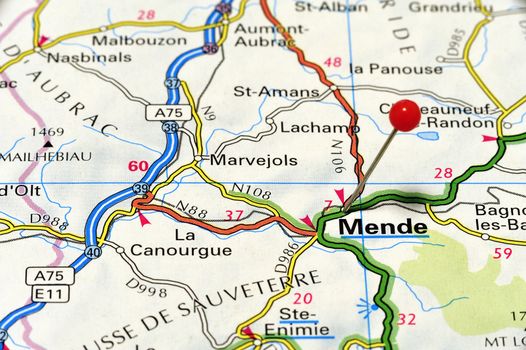 Close-up of the French town of Mende in France on a road map photographed from above