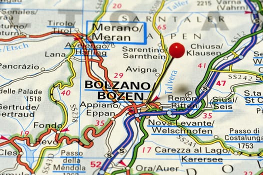 Closeup map of Bolzano. Bolzano is a city in Italy.