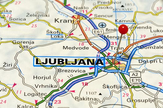 Closeup map of Ljubljana. Ljubljana is the capital and largest city in Slovenia.