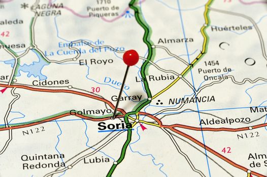 Closeup map of Soria. Soria is a city in Spain.