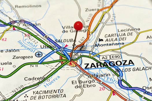 Closeup map of Zaragoza. Zaragoza is a city in Spain.