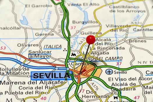 Closeup map of Sevilla.