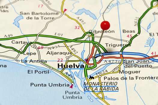 Closeup map of Huelva.