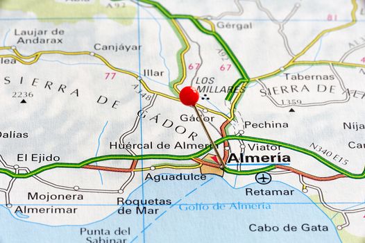 Almeria marked with red pushpin on map. Selected focus on Almeria and pushpin. Pushpin is in an angle.