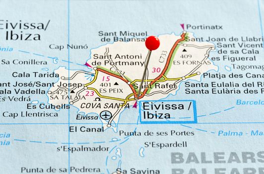 Closeup map of Ibiza. Ibiza a city in Spain. Picture is from "KAK BILATLAS Europa" 5th edition, ISBN 9147801166, created 2012-02-22.