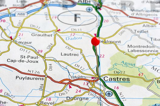 Closeup map of Castres. Castres a city in France. Picture is from "KAK BILATLAS Europa" 5th edition, ISBN 9147801166, created 2012-02-22.